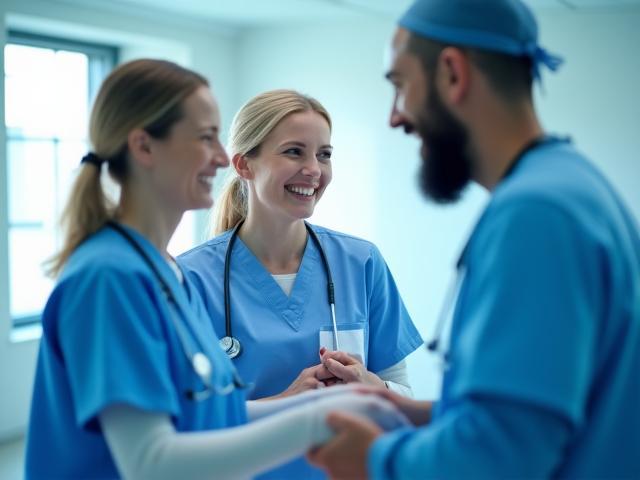 Smiling healthcare professionals collaborating in a modern hospital setting