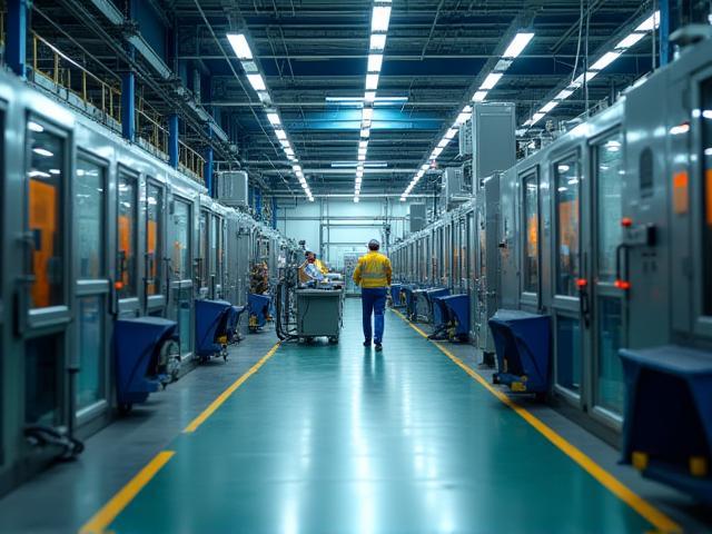 Factory floor with advanced machinery and safety measures