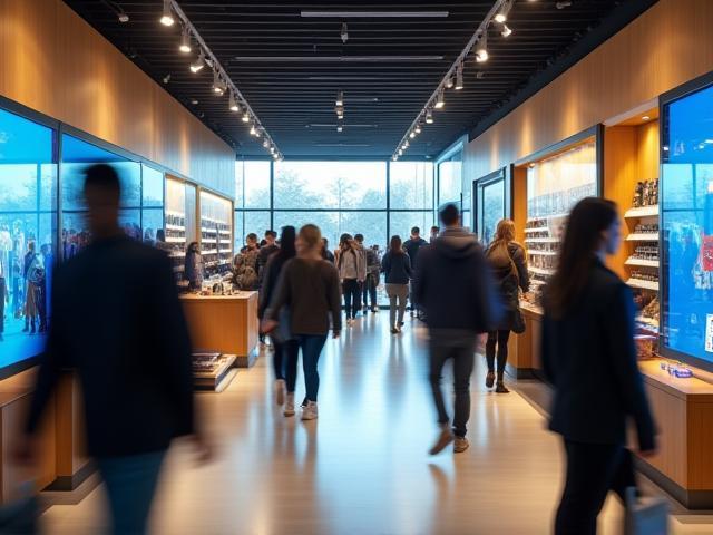 Modern retail store with busy customers and digital displays