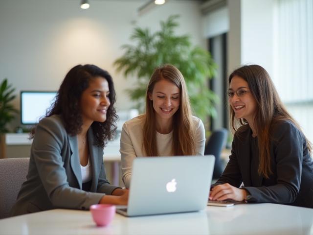 Young professionals collaborating with laptops in a modern office